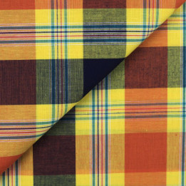 Tissu Coton Madras de couleur bleu marine, orange et jaune – Élégance et Qualité Supérieure