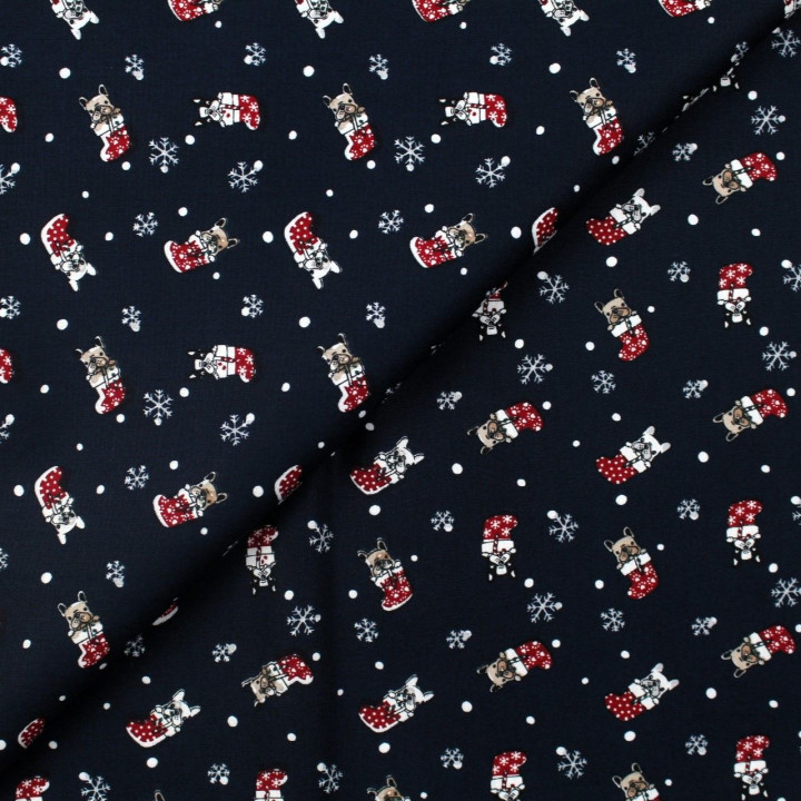 Tissu coton bleu nuit imprimé Noël bulldog - oeko tex