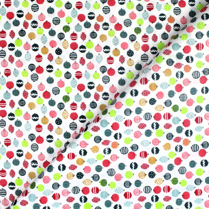 Tissu coton blanc imprimé boules de Noël - oeko tex