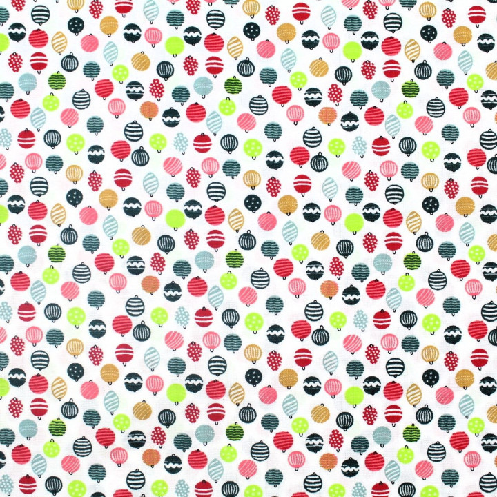 Tissu coton blanc imprimé boules de Noël - oeko tex