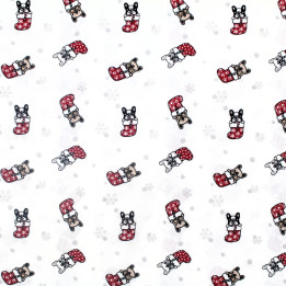 Tissu coton blanc imprimé Noël bulldog - oeko tex