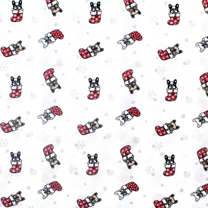 Tissu coton blanc imprimé Noël bulldog - oeko tex