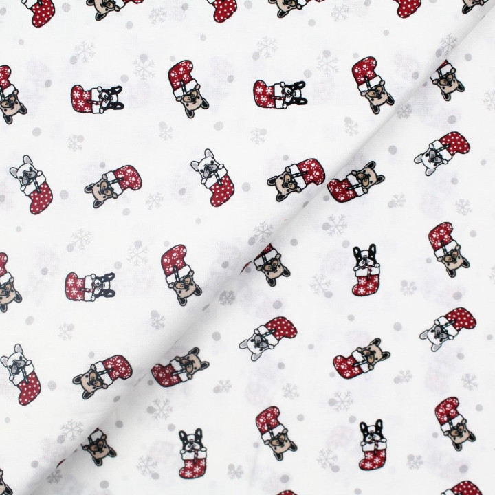 Tissu coton blanc imprimé Noël bulldog - oeko tex