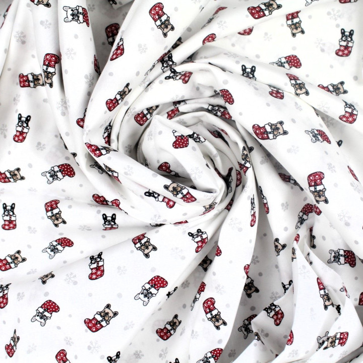 Tissu coton blanc imprimé Noël bulldog - oeko tex