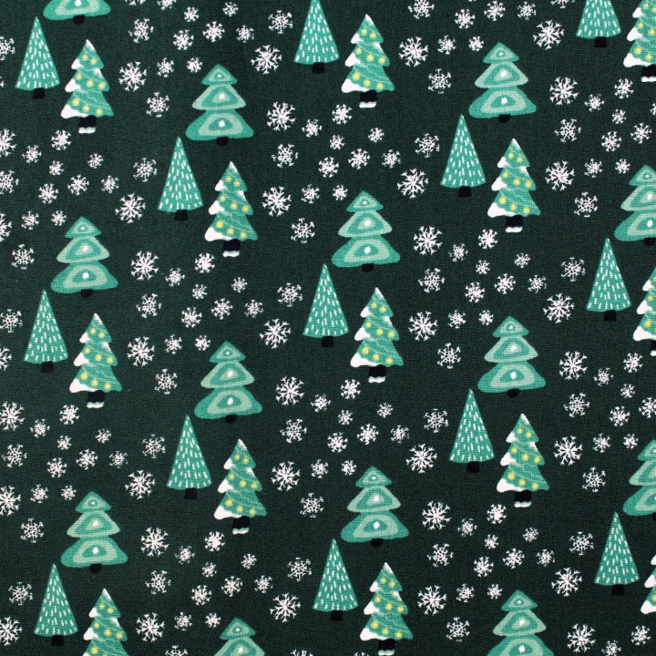 Tissu coton vert bouteille imprimé sapins de Noël- oeko tex