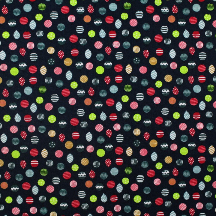 Tissu coton bleu nuit imprimé boules de Noël - oeko tex