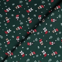 Tissu coton vert bouteille imprimé Noël bulldog - oeko tex