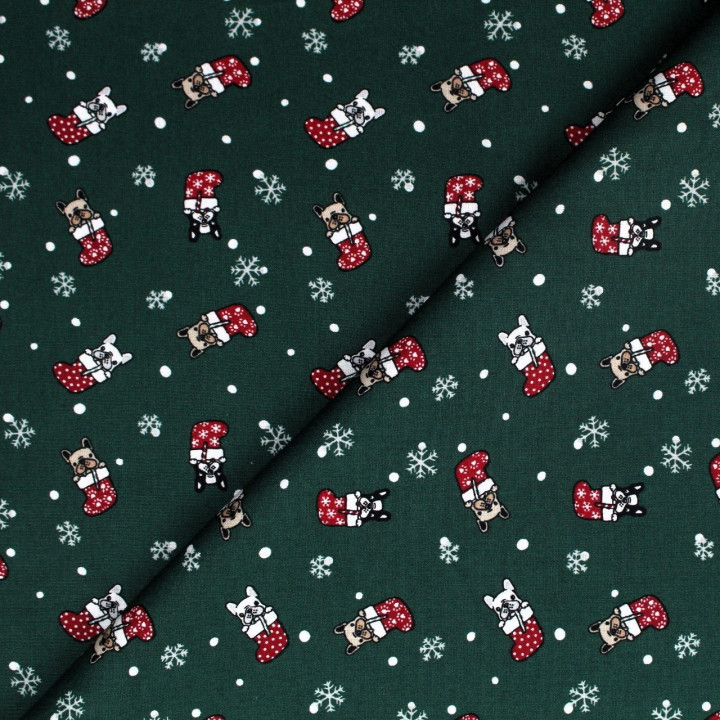 Tissu coton vert bouteille imprimé Noël bulldog - oeko tex
