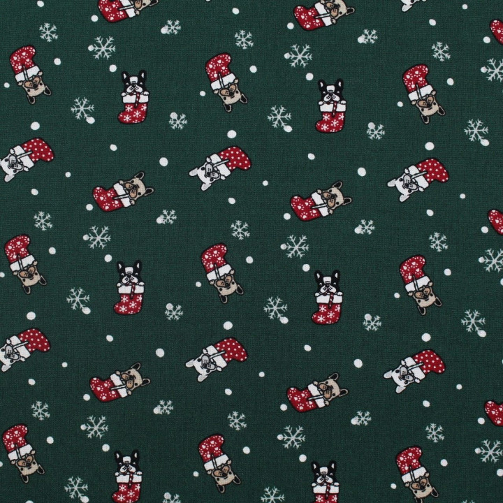 Tissu coton vert bouteille imprimé Noël bulldog - oeko tex