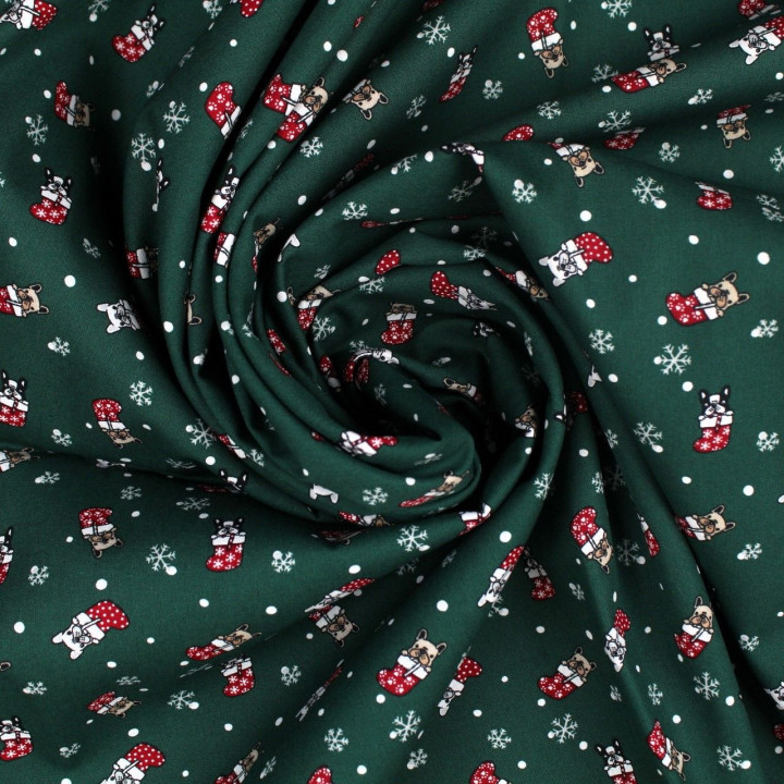 Tissu coton vert bouteille imprimé Noël bulldog - oeko tex
