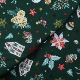 Tissu coton vert bouteille imprimé cadeaux de Noël - oeko tex