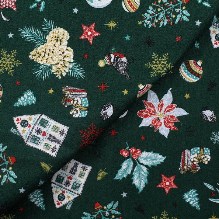 Tissu coton vert bouteille imprimé cadeaux de Noël - oeko tex