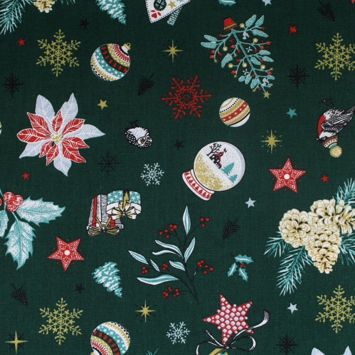 Tissu coton vert bouteille imprimé cadeaux de Noël - oeko tex