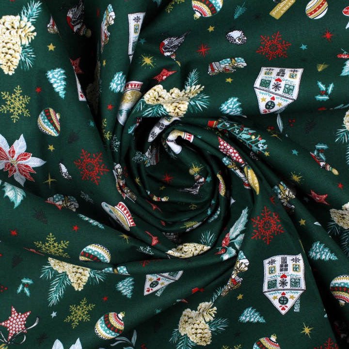 Tissu coton vert bouteille imprimé cadeaux de Noël - oeko tex