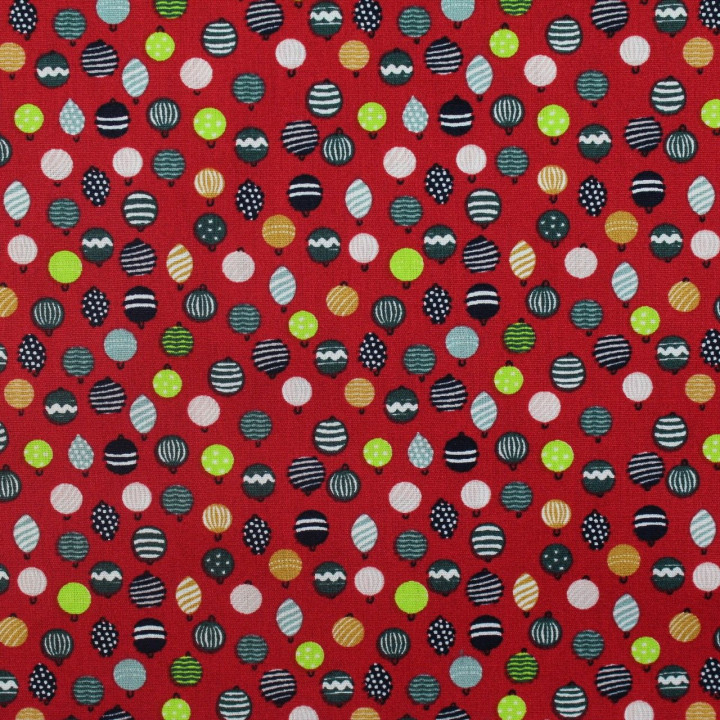 Tissu coton rouge imprimé boules de Noël - oeko tex