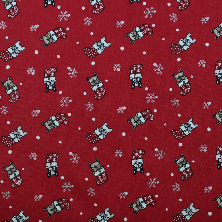 Tissu coton rouge imprimé Noël bulldog - oeko tex