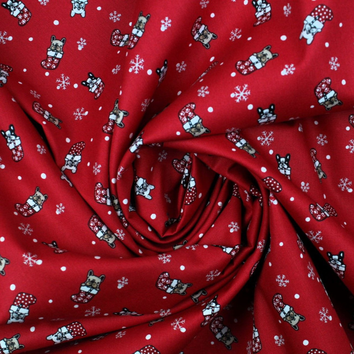 Tissu coton rouge imprimé Noël bulldog - oeko tex