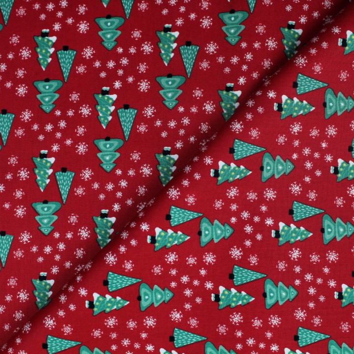 Tissu coton rouge imprimé sapin de Noël - oeko tex