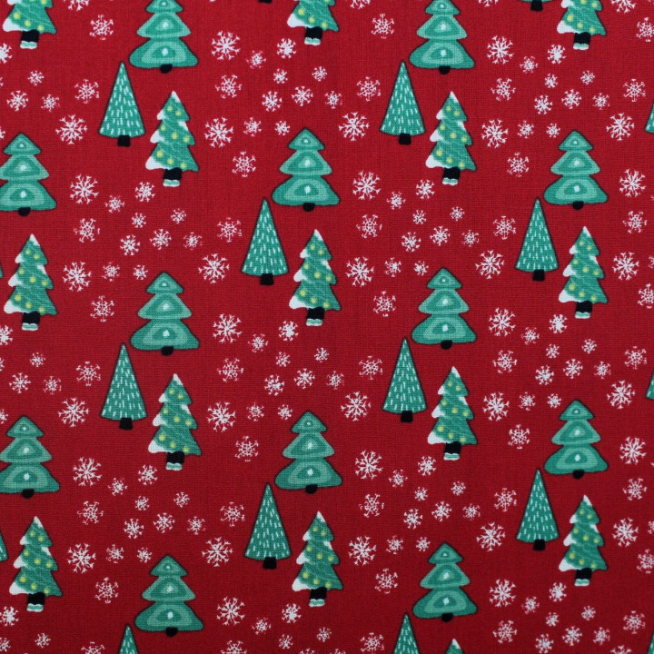 Tissu coton rouge imprimé sapin de Noël - oeko tex