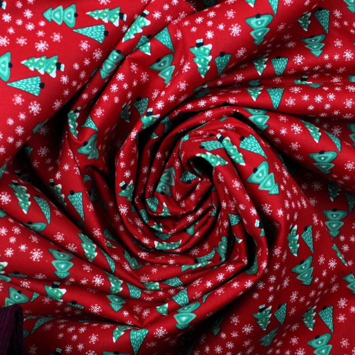 Tissu coton rouge imprimé sapin de Noël - oeko tex