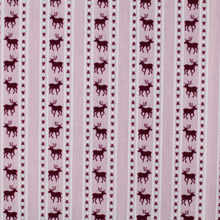 Tissu coton bois de rose imprimé cerf bordeaux
