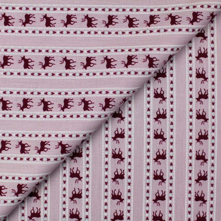 Tissu coton bois de rose imprimé cerf bordeaux