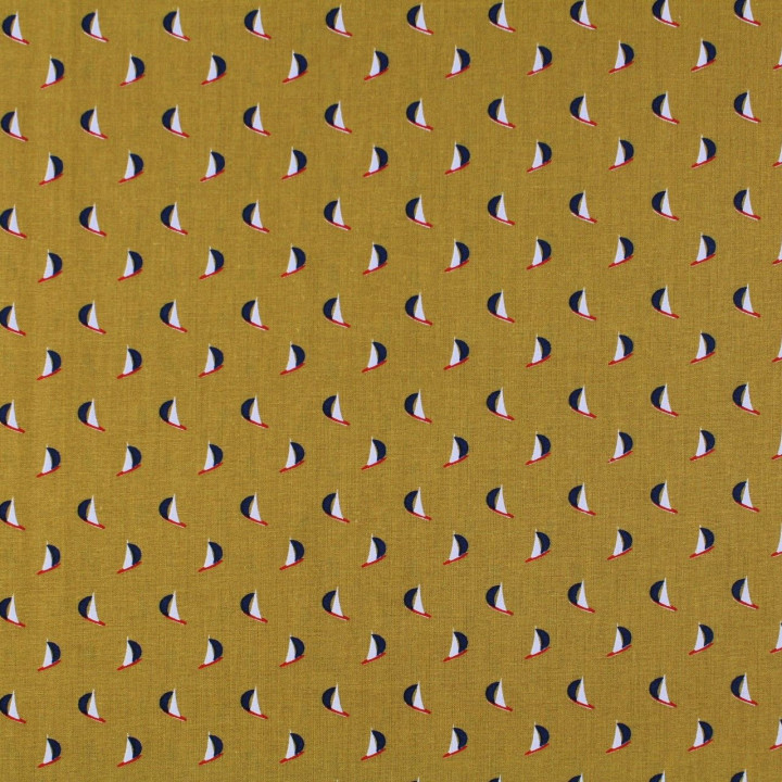 Tissu coton jaune moutarde imprimé voiliers