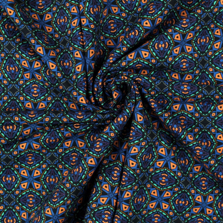 Tissu coton bleu nuit imprimé géométrique