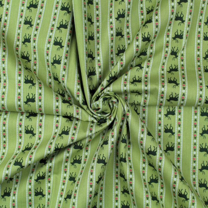 Tissu coton vert imprimé cerf