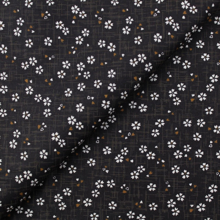 Tissu coton marron foncé imprimé géométrique et fleurs