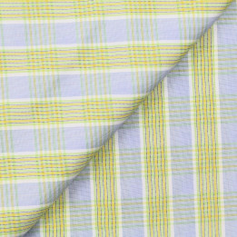 Tissu coton chemise blanc à rayures jaune, vert et bleu | Moline