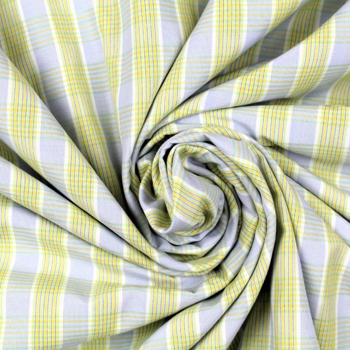 Tissu coton chemise blanc à rayures jaune, vert et bleu