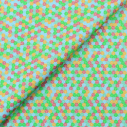 Tissu coton bleu ciel imprimé géométrique carré rouge, orange et vert