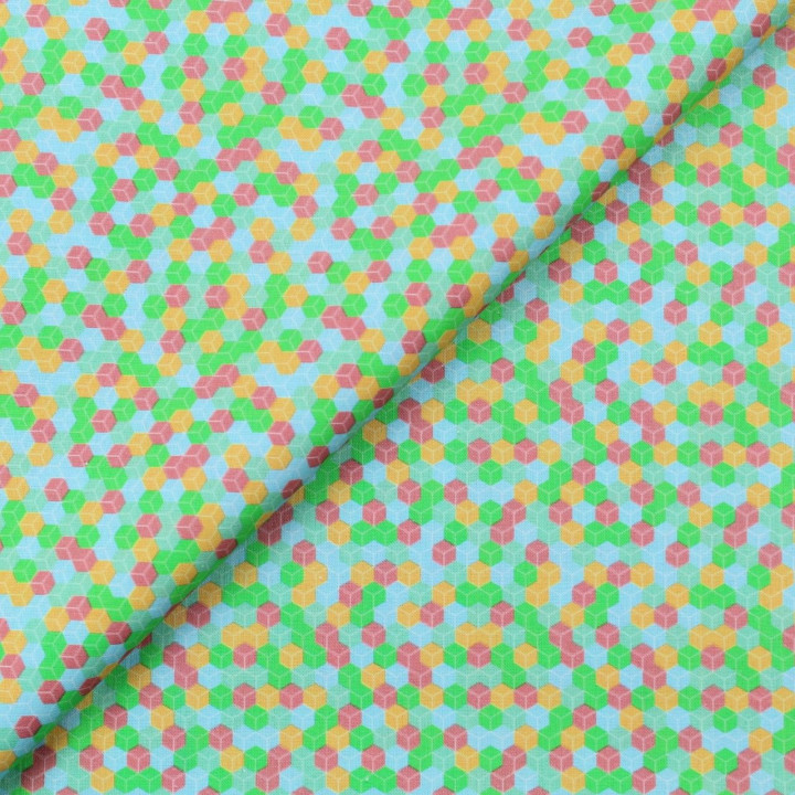 Tissu coton bleu ciel imprimé géométrique carré rouge, orange et vert