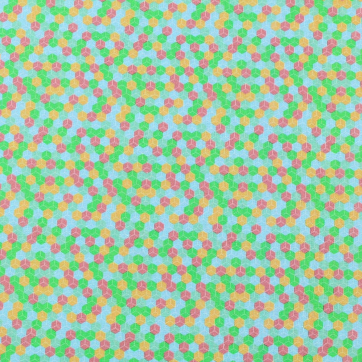 Tissu coton bleu ciel imprimé géométrique carré rouge, orange et vert