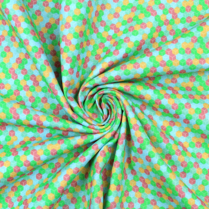 Tissu coton bleu ciel imprimé géométrique carré rouge, orange et vert