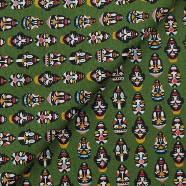 Tissu coton vert imprimés masque africain