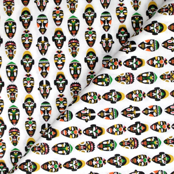 Tissu coton blanc imprimés masque africain