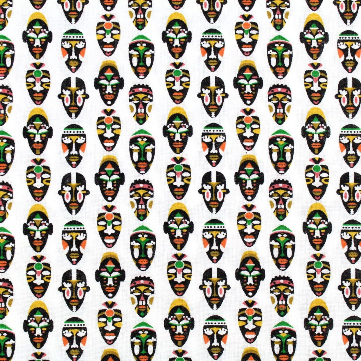 Tissu coton blanc imprimés masque africain