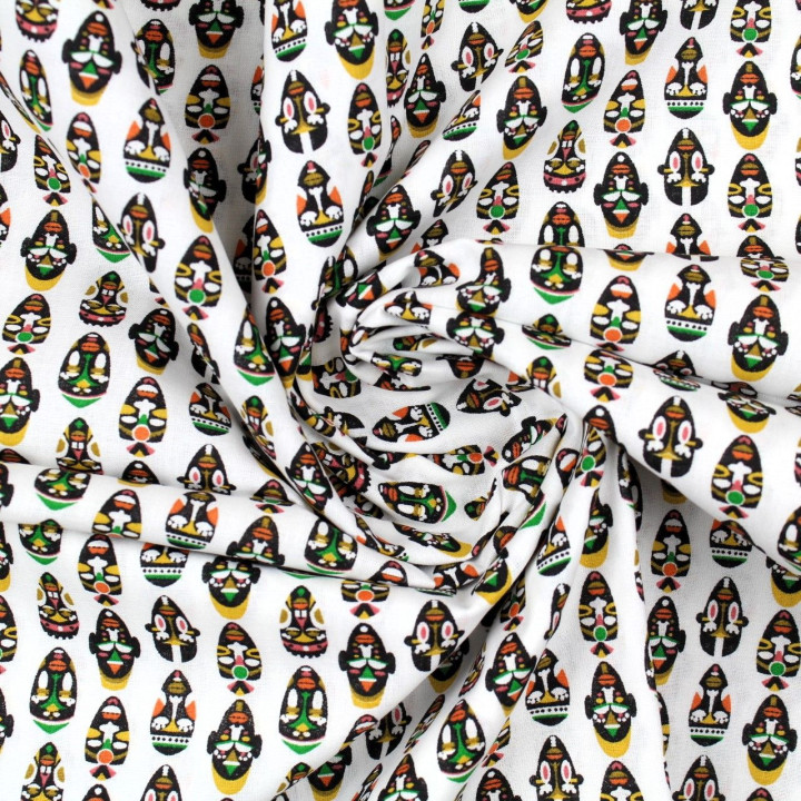 Tissu coton blanc imprimés masque africain