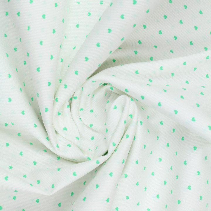 Tissu coton blanc milleraie imprimé cœur vert