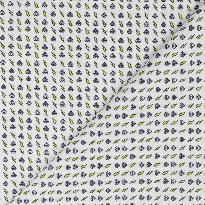 Tissu coton blanc imprimé diamant et éclair