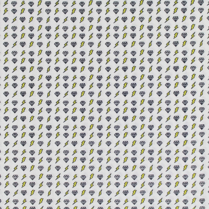Tissu coton blanc imprimé diamant et éclair