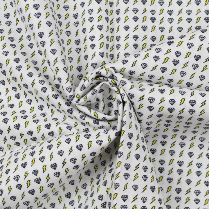 Tissu coton blanc imprimé diamant et éclair