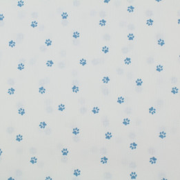 Tissu coton blanc milleraie imprimé empreinte pattes de chien bleu ciel