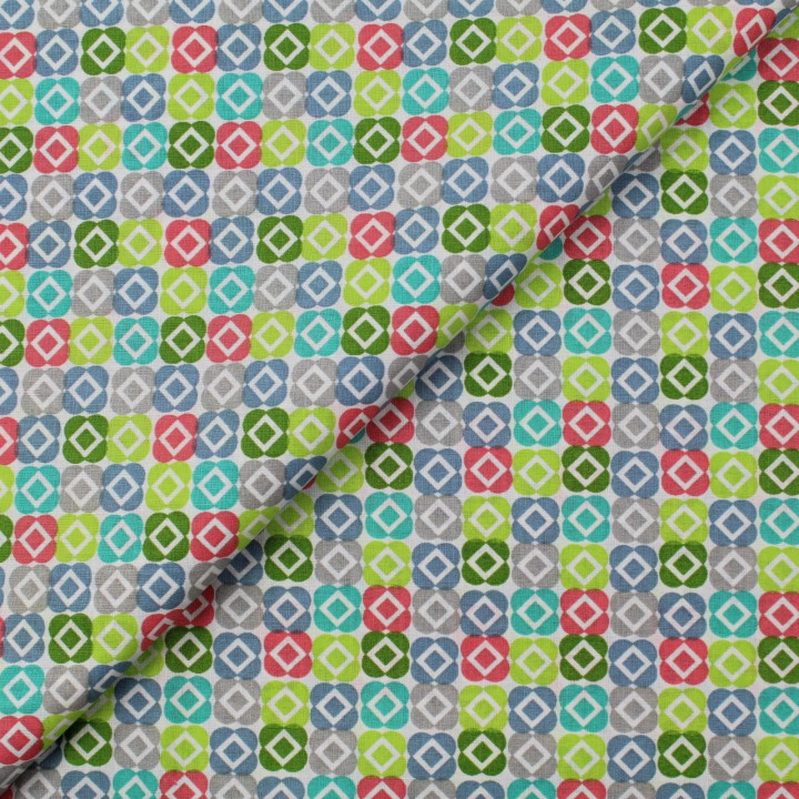 Tissu coton blanc imprimé géométrique multicolore