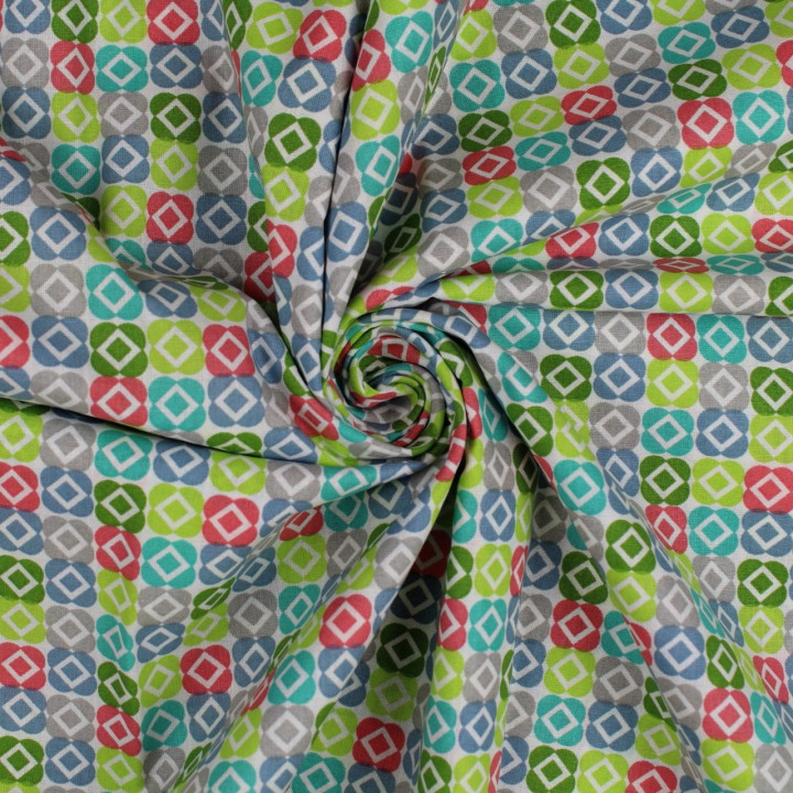 Tissu coton blanc imprimé géométrique multicolore