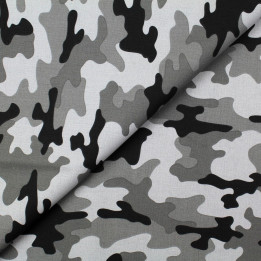 Tissu coton gris imprimé camouflage noir