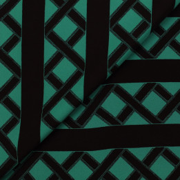 Tissu satin de soie noir imprimé géométrique turquoise