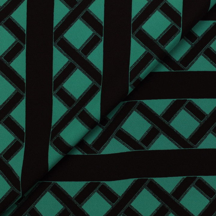 Tissu satin de soie noir imprimé géométrique turquoise